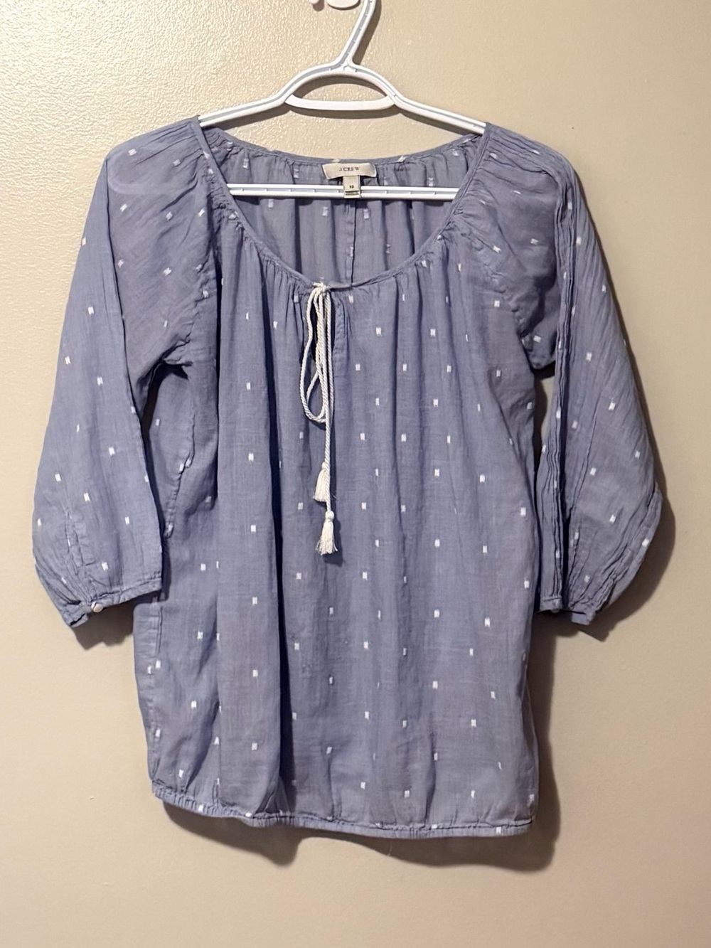 J. Crew Light Blue Peasant Blouse with Tassel Tie